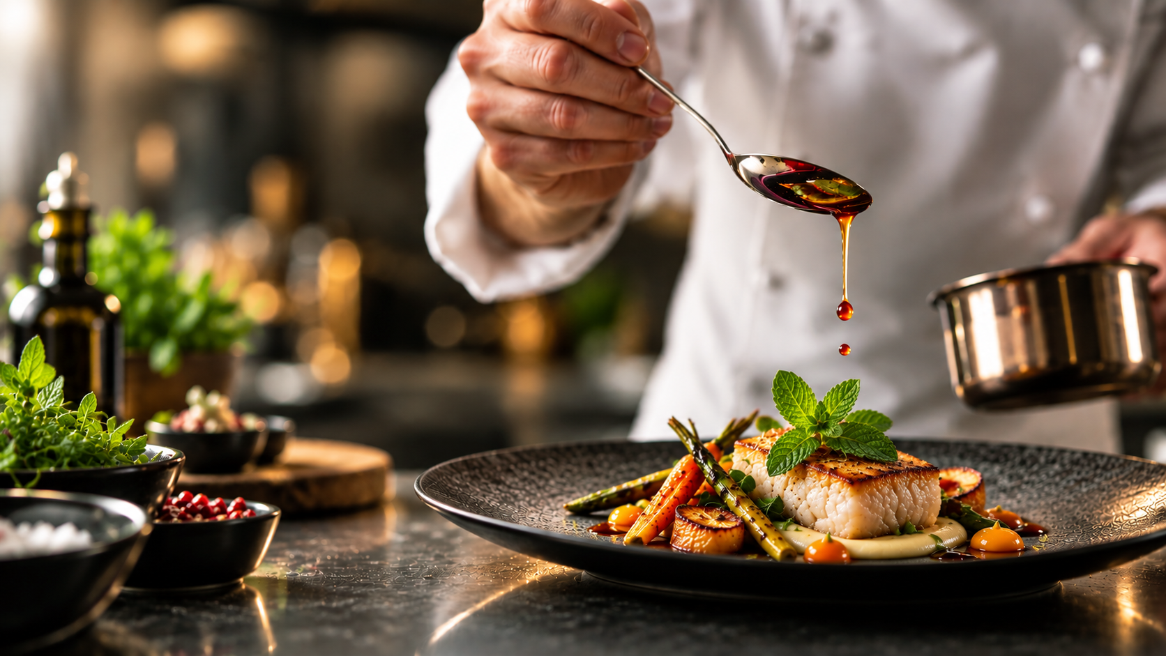 A chef finishing a plated fish dish with sauce
