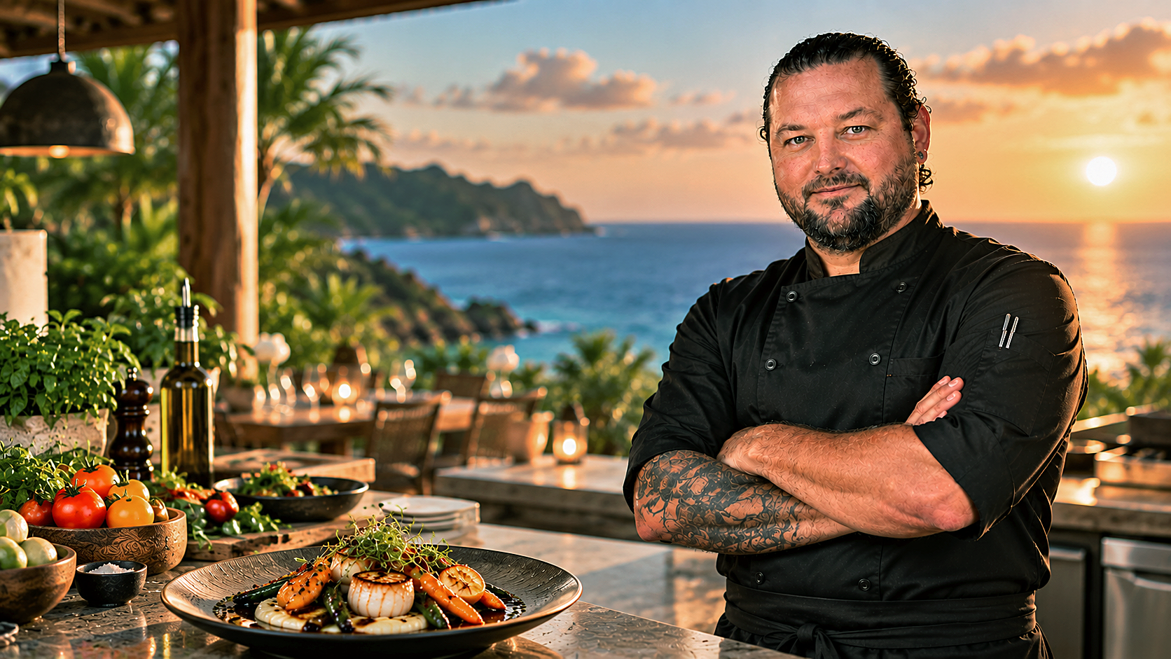Chef Roman beside a plated seafood dish at a seaside celebration