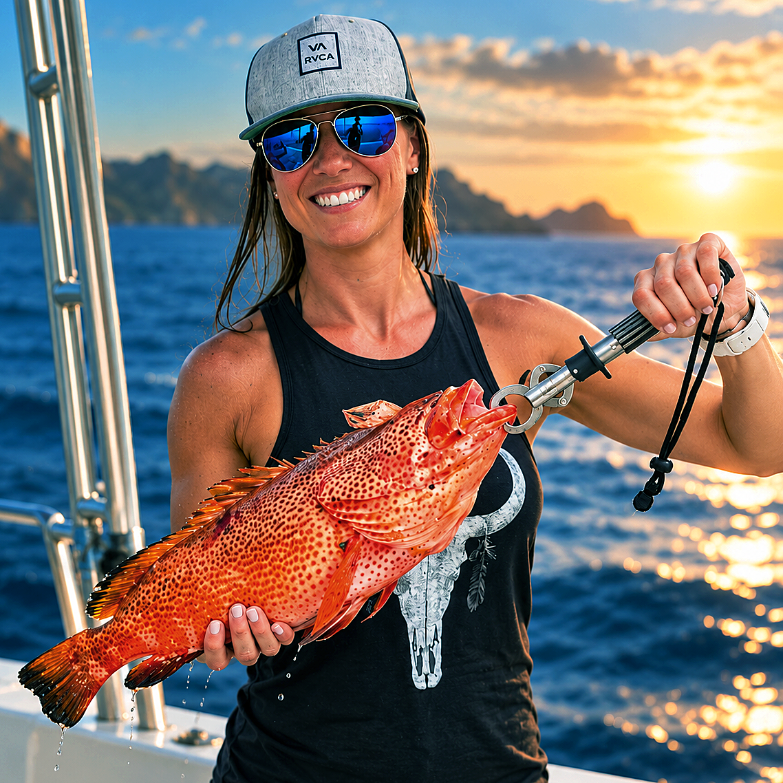Guest holding a freshly caught fish on a boat at sunset