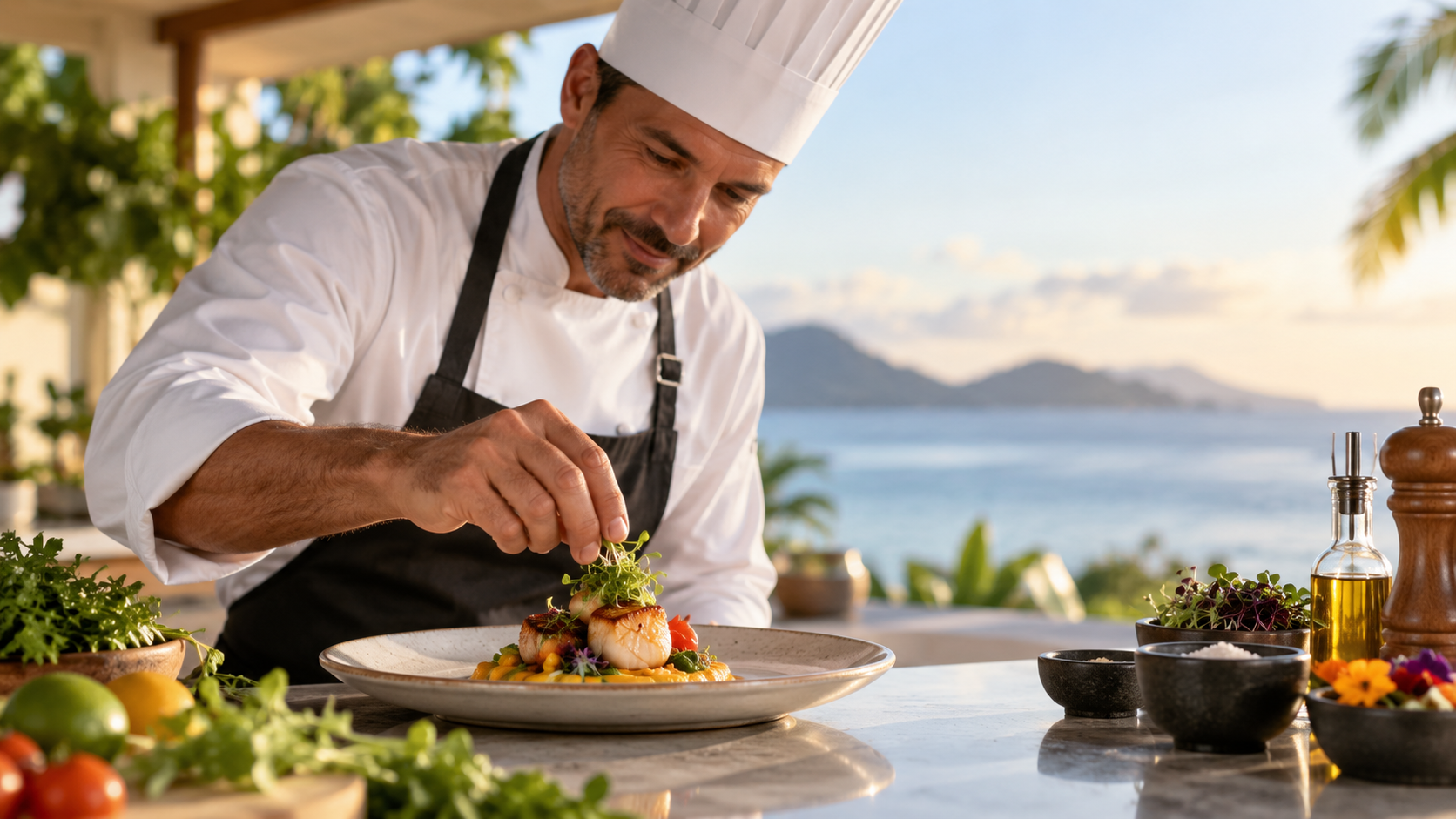 Chef plating a seafood dish beside the sea at golden hour