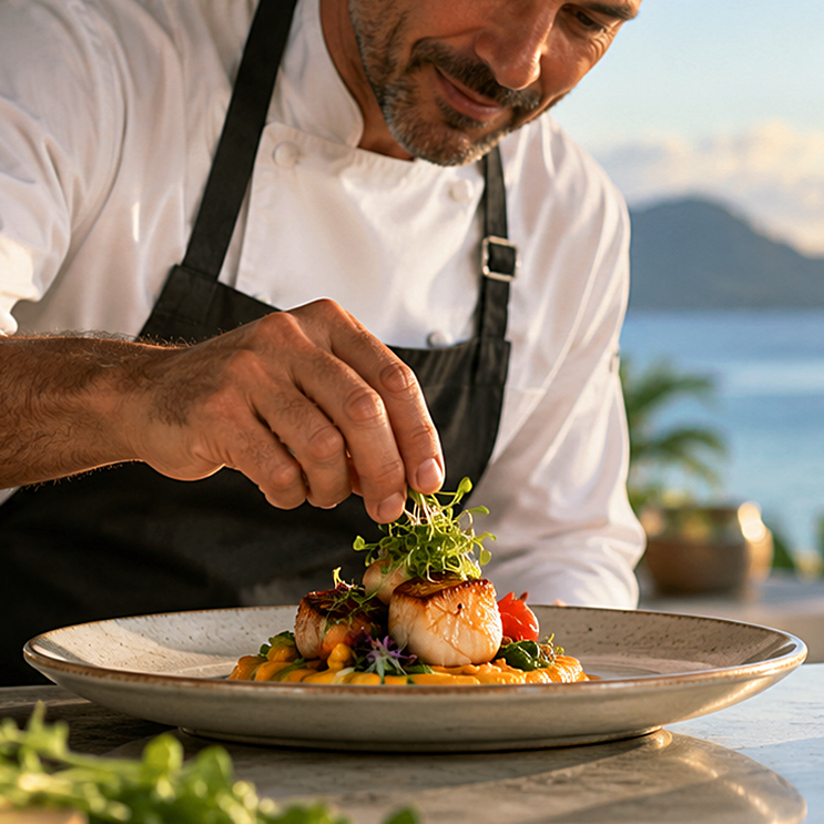 Chef garnishing a plated seafood dish by the sea
